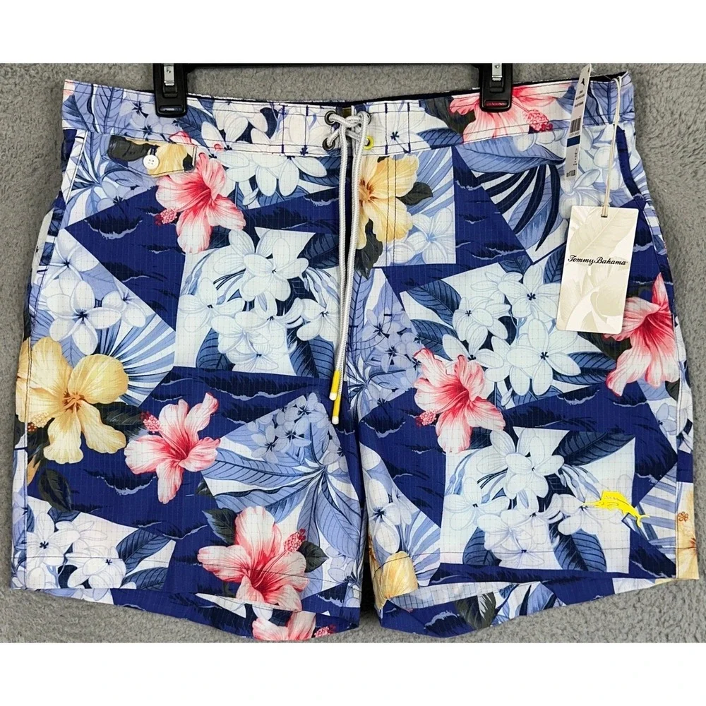 NEW Tommy Bahama Swim Trunks Mens XL Blue Lined Floral Rialto Coastal Collage 6